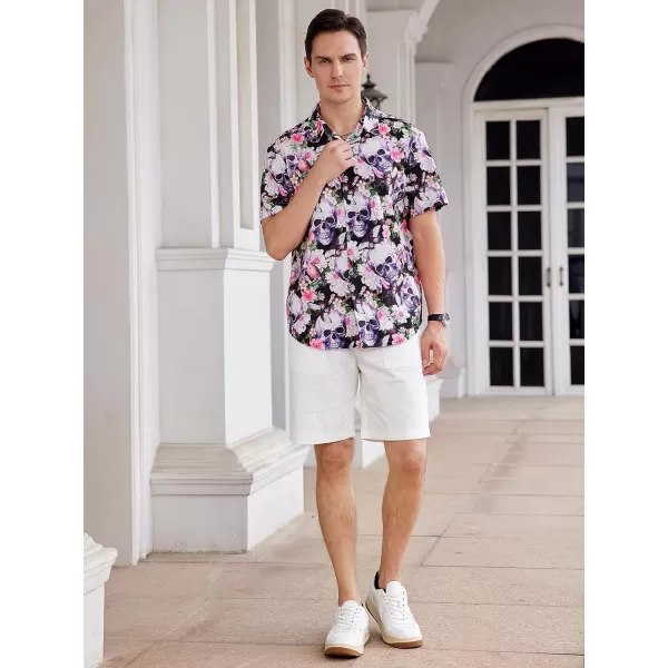 WDIRARA Men's Skull Floral Print Button Front Short Sleeve Shirt Collar Top