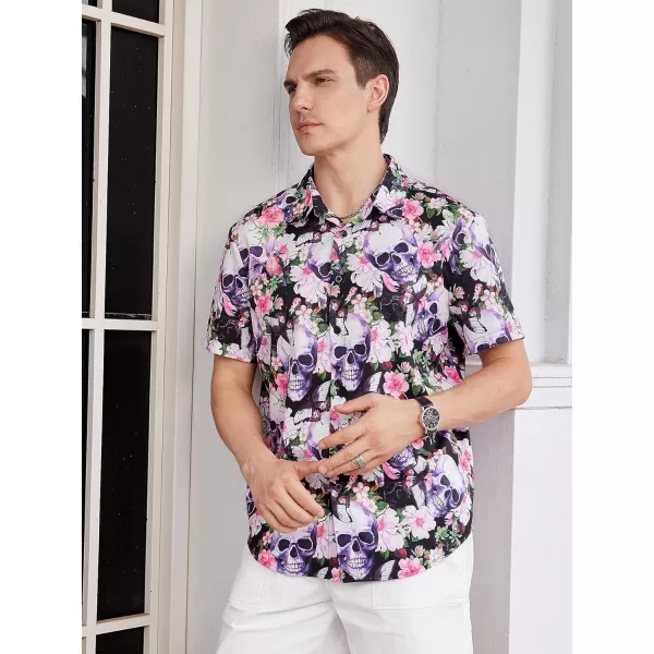 WDIRARA Men's Skull Floral Print Button Front Short Sleeve Shirt Collar Top