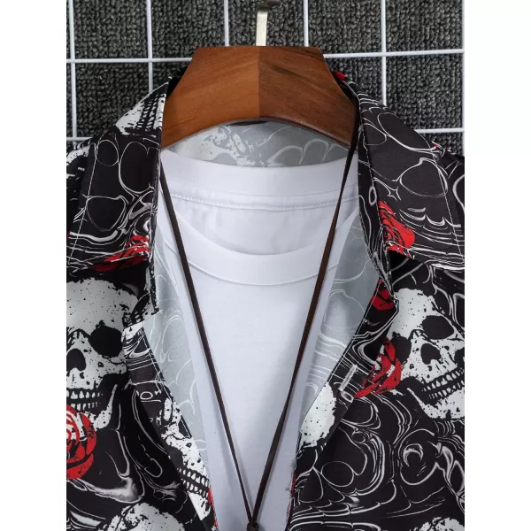 WDIRARA Men's Skull Floral Print Button Front Short Sleeve Shirt Collar Top