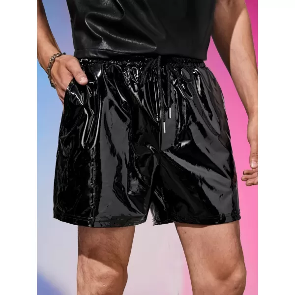 WDIRARA Men's Slant Pocket PU Leather Buttoms Drawstring Waist Straight Leg Shorts