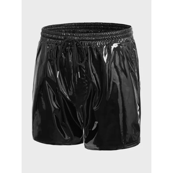 WDIRARA Men's Slant Pocket PU Leather Buttoms Drawstring Waist Straight Leg Shorts
