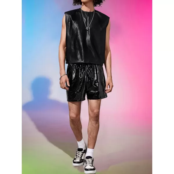WDIRARA Men's Slant Pocket PU Leather Buttoms Drawstring Waist Straight Leg Shorts
