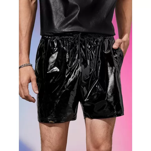 WDIRARA Men's Slant Pocket PU Leather Buttoms Drawstring Waist Straight Leg Shorts
