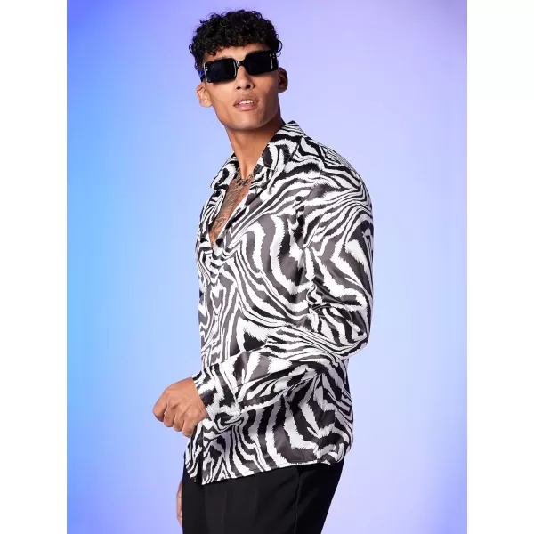 WDIRARA Men's Zebra Print Button Front Long Sleeve Shirt Casual Collar Tops