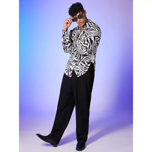 WDIRARA Men's Zebra Print Button Front Long Sleeve Shirt Casual Collar Tops