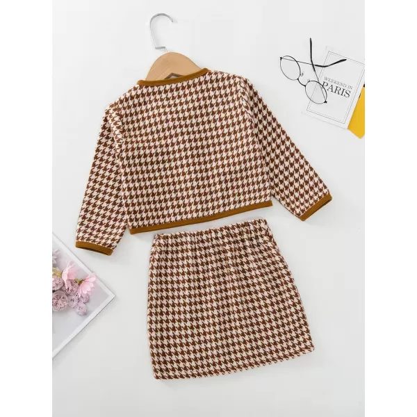 WDIRARA Toddler Girl's 2 Piece Houndstooth Button Front Long Sleeve Round Neck Jacket and Skirt Outfits Set