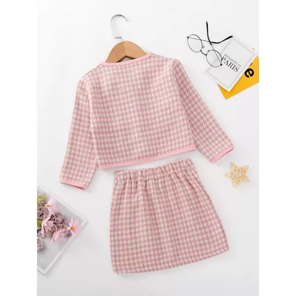 WDIRARA Toddler Girl's 2 Piece Houndstooth Button Front Long Sleeve Round Neck Jacket and Skirt Outfits Set