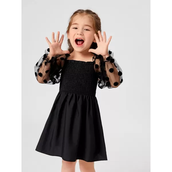 WDIRARA Toddler Girl's Polka Dots Mesh Flounce Long Sleeve Flared Shirred Dress