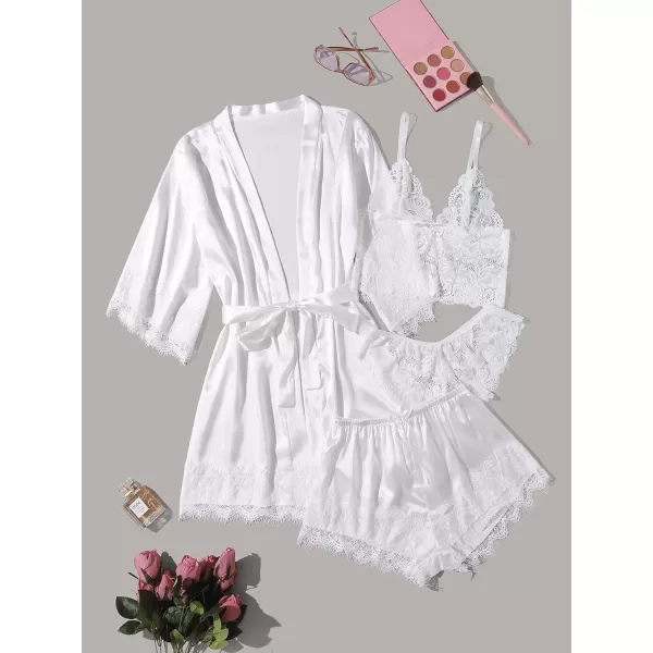 WDIRARA Women' Silk Satin Pajamas Set 4pcs Lingerie Floral Lace Cami Sleepwear with Robe