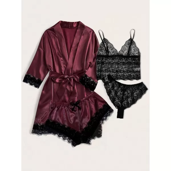 WDIRARA Women' Silk Satin Pajamas Set 4pcs Lingerie Floral Lace Cami Sleepwear with Robe