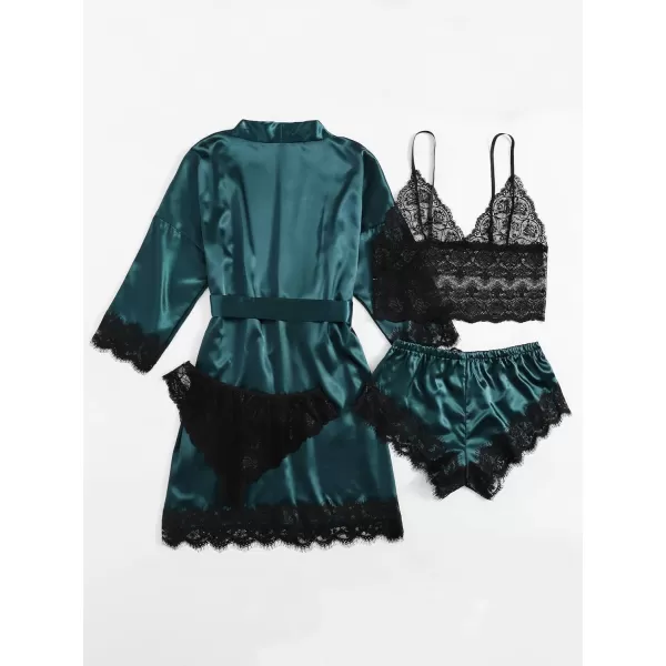 WDIRARA Women' Silk Satin Pajamas Set 4pcs Lingerie Floral Lace Cami Sleepwear with Robe