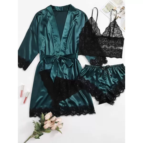 WDIRARA Women' Silk Satin Pajamas Set 4pcs Lingerie Floral Lace Cami Sleepwear with Robe