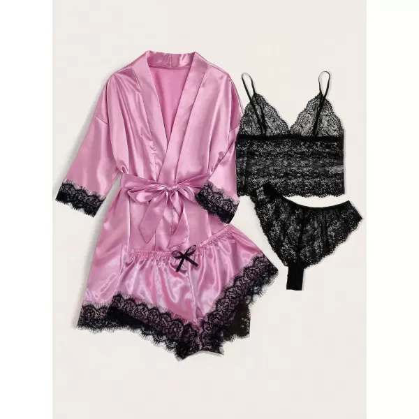 WDIRARA Women' Silk Satin Pajamas Set 4pcs Lingerie Floral Lace Cami Sleepwear with Robe