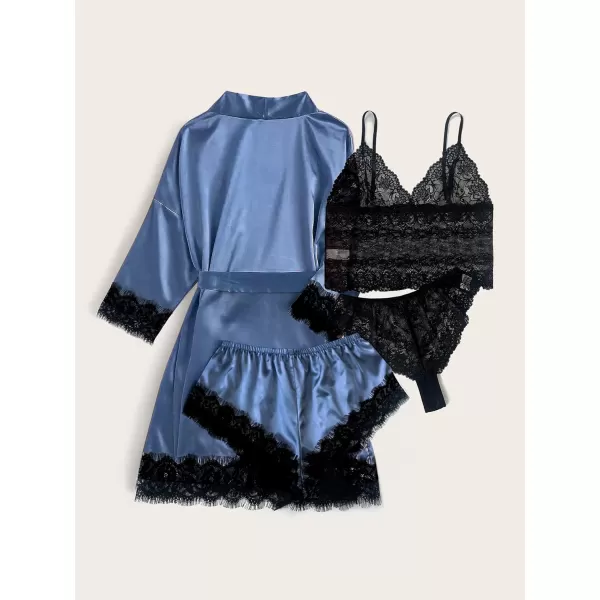 WDIRARA Women' Silk Satin Pajamas Set 4pcs Lingerie Floral Lace Cami Sleepwear with Robe