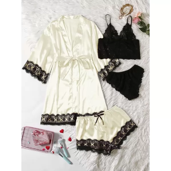WDIRARA Women' Silk Satin Pajamas Set 4pcs Lingerie Floral Lace Cami Sleepwear with Robe