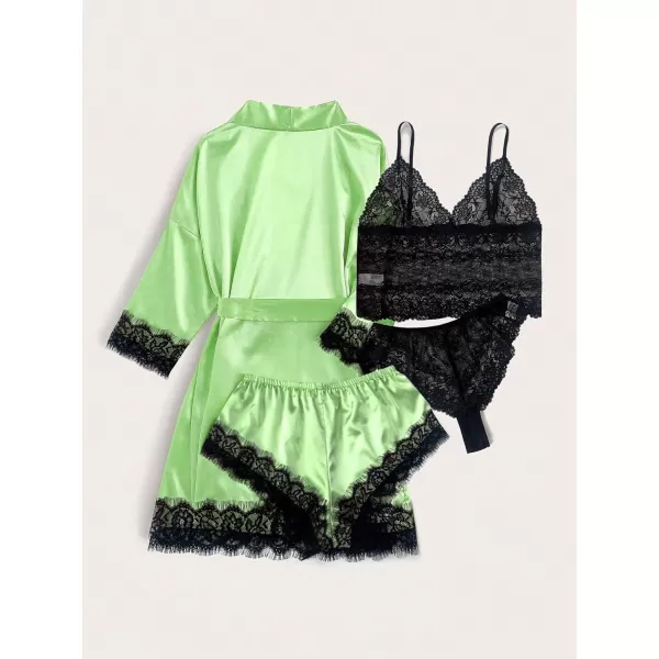 WDIRARA Women' Silk Satin Pajamas Set 4pcs Lingerie Floral Lace Cami Sleepwear with Robe