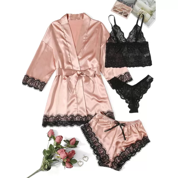 WDIRARA Women' Silk Satin Pajamas Set 4pcs Lingerie Floral Lace Cami Sleepwear with Robe