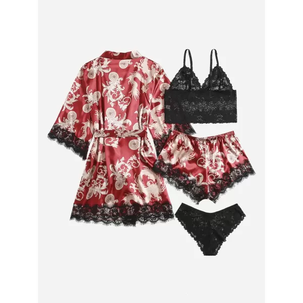 WDIRARA Women' Silk Satin Pajamas Set 4pcs Lingerie Floral Lace Cami Sleepwear with Robe