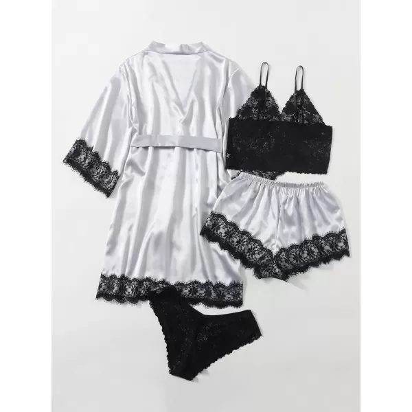 WDIRARA Women' Silk Satin Pajamas Set 4pcs Lingerie Floral Lace Cami Sleepwear with Robe