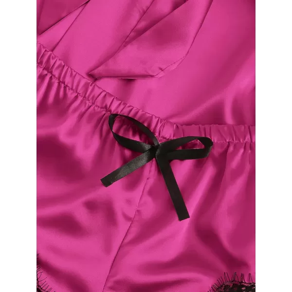 WDIRARA Women' Silk Satin Pajamas Set 4pcs Lingerie Floral Lace Cami Sleepwear with Robe