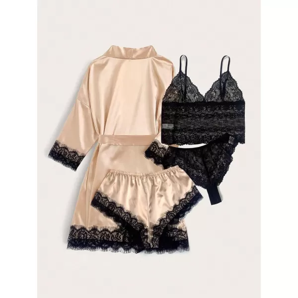 WDIRARA Women' Silk Satin Pajamas Set 4pcs Lingerie Floral Lace Cami Sleepwear with Robe
