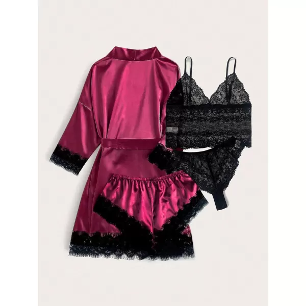 WDIRARA Women' Silk Satin Pajamas Set 4pcs Lingerie Floral Lace Cami Sleepwear with Robe