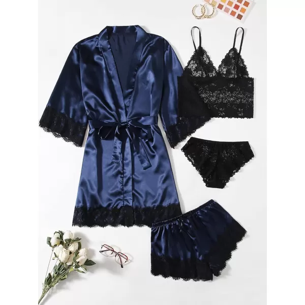 WDIRARA Women' Silk Satin Pajamas Set 4pcs Lingerie Floral Lace Cami Sleepwear with Robe
