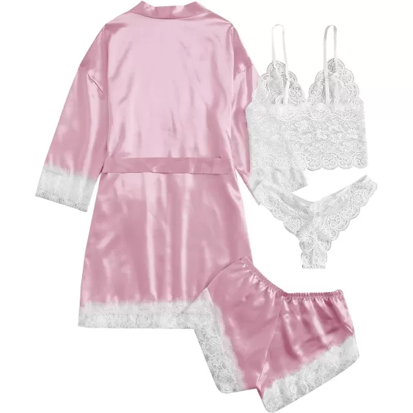 WDIRARA Women' Silk Satin Pajamas Set 4pcs Lingerie Floral Lace Cami Sleepwear with Robe