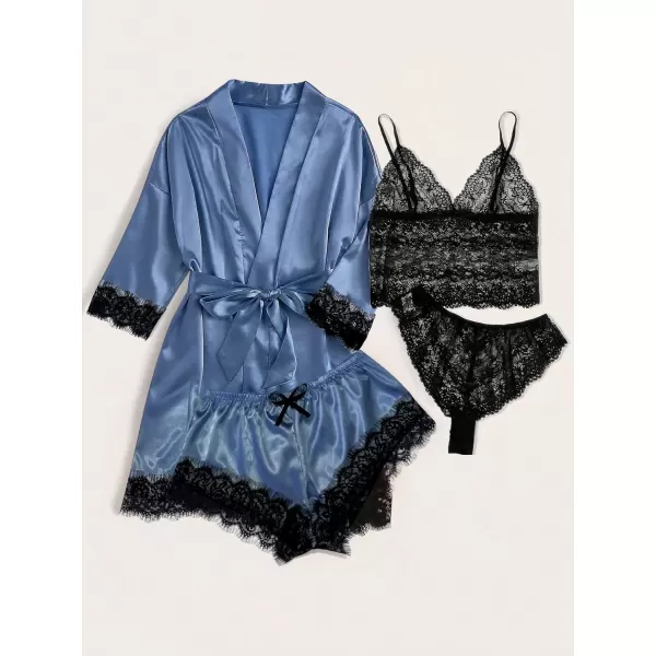 WDIRARA Women' Silk Satin Pajamas Set 4pcs Lingerie Floral Lace Cami Sleepwear with Robe