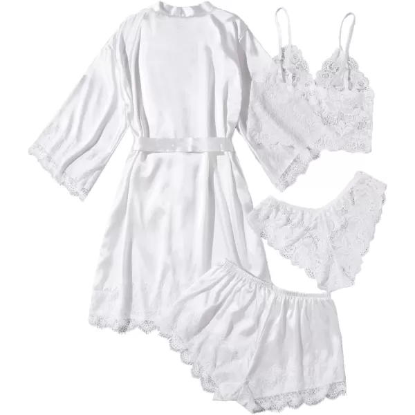 WDIRARA Women' Silk Satin Pajamas Set 4pcs Lingerie Floral Lace Cami Sleepwear with Robe
