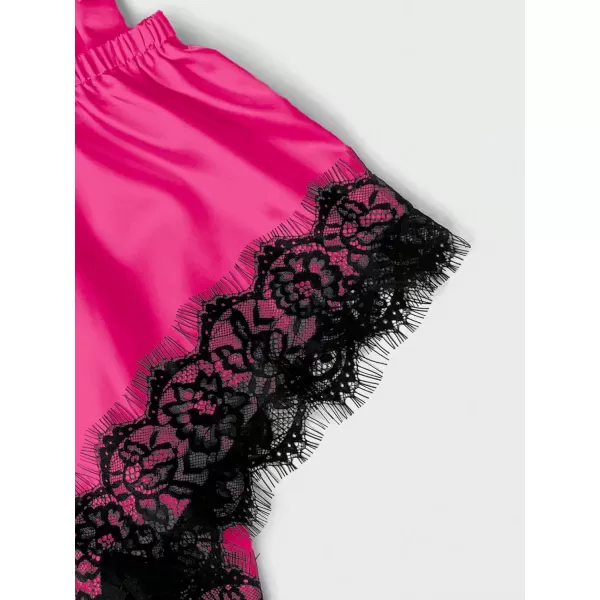 WDIRARA Women' Silk Satin Pajamas Set 4pcs Lingerie Floral Lace Cami Sleepwear with Robe