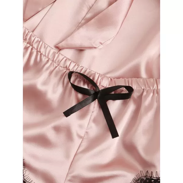 WDIRARA Women' Silk Satin Pajamas Set 4pcs Lingerie Floral Lace Cami Sleepwear with Robe