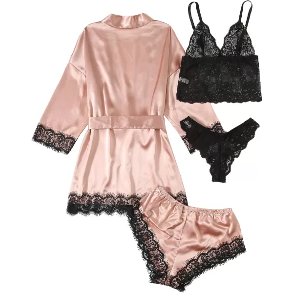 WDIRARA Women' Silk Satin Pajamas Set 4pcs Lingerie Floral Lace Cami Sleepwear with Robe