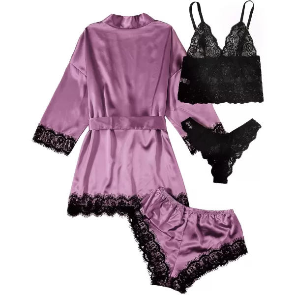 WDIRARA Women' Silk Satin Pajamas Set 4pcs Lingerie Floral Lace Cami Sleepwear with Robe