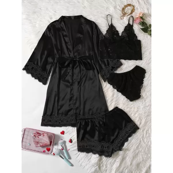 WDIRARA Women' Silk Satin Pajamas Set 4pcs Lingerie Floral Lace Cami Sleepwear with Robe