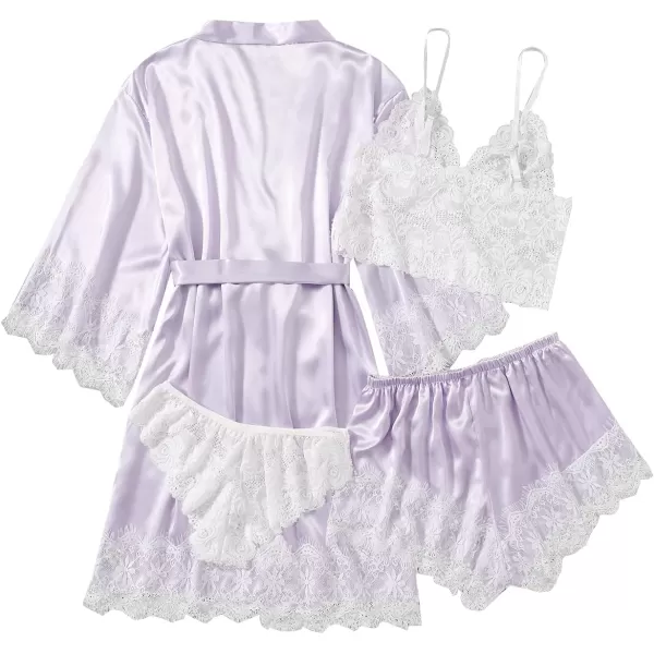WDIRARA Women' Silk Satin Pajamas Set 4pcs Lingerie Floral Lace Cami Sleepwear with Robe