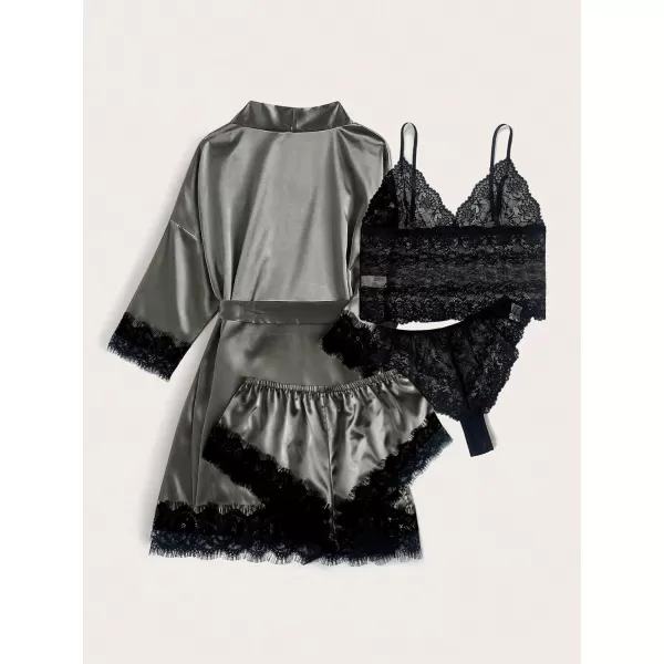 WDIRARA Women' Silk Satin Pajamas Set 4pcs Lingerie Floral Lace Cami Sleepwear with Robe