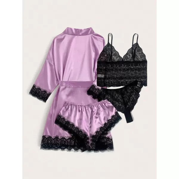 WDIRARA Women' Silk Satin Pajamas Set 4pcs Lingerie Floral Lace Cami Sleepwear with Robe