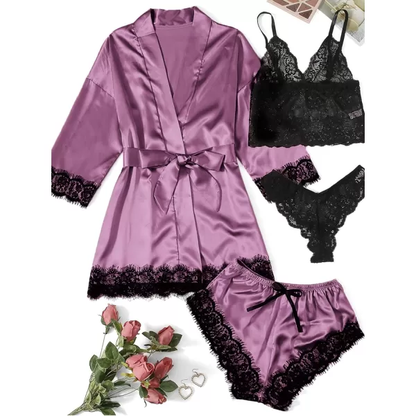 WDIRARA Women' Silk Satin Pajamas Set 4pcs Lingerie Floral Lace Cami Sleepwear with Robe