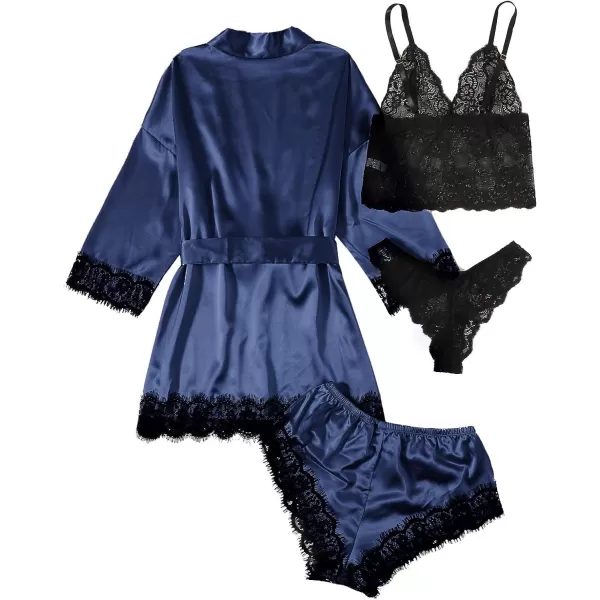 WDIRARA Women' Silk Satin Pajamas Set 4pcs Lingerie Floral Lace Cami Sleepwear with Robe