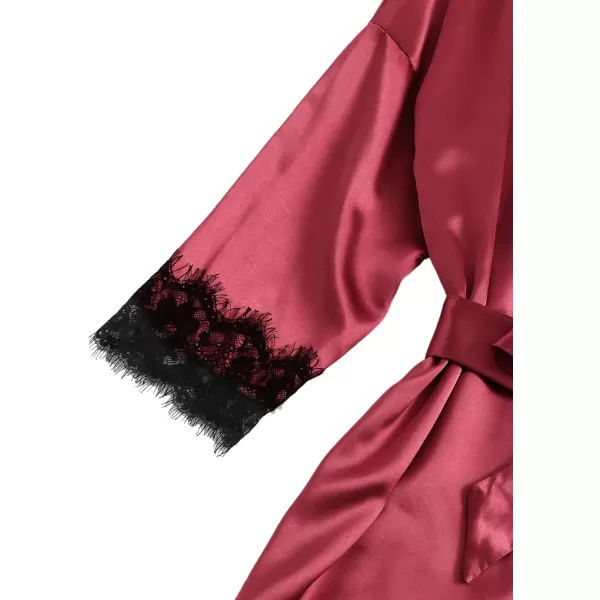 WDIRARA Women' Silk Satin Pajamas Set 4pcs Lingerie Floral Lace Cami Sleepwear with Robe