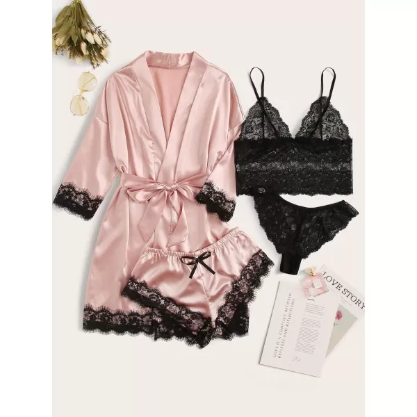WDIRARA Women' Silk Satin Pajamas Set 4pcs Lingerie Floral Lace Cami Sleepwear with Robe