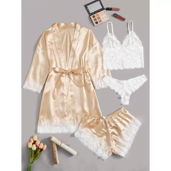 WDIRARA Women' Silk Satin Pajamas Set 4pcs Lingerie Floral Lace Cami Sleepwear with Robe