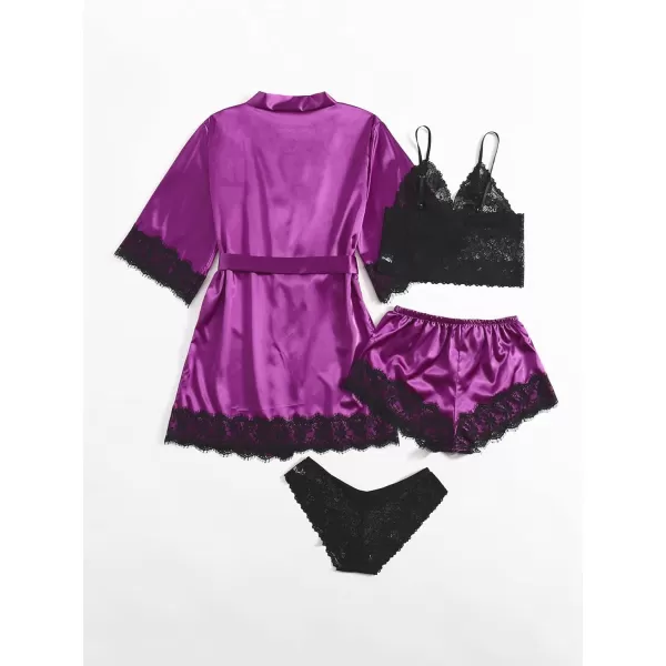 WDIRARA Women' Silk Satin Pajamas Set 4pcs Lingerie Floral Lace Cami Sleepwear with Robe
