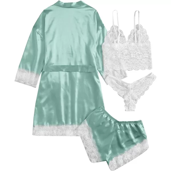 WDIRARA Women' Silk Satin Pajamas Set 4pcs Lingerie Floral Lace Cami Sleepwear with Robe