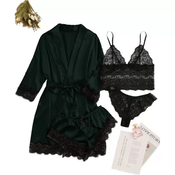 WDIRARA Women' Silk Satin Pajamas Set 4pcs Lingerie Floral Lace Cami Sleepwear with Robe