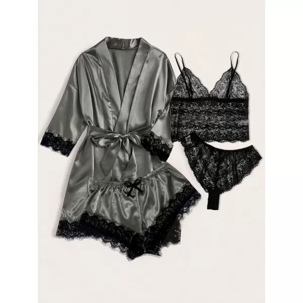 WDIRARA Women' Silk Satin Pajamas Set 4pcs Lingerie Floral Lace Cami Sleepwear with Robe