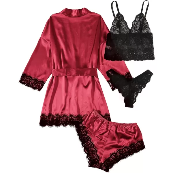 WDIRARA Women' Silk Satin Pajamas Set 4pcs Lingerie Floral Lace Cami Sleepwear with Robe