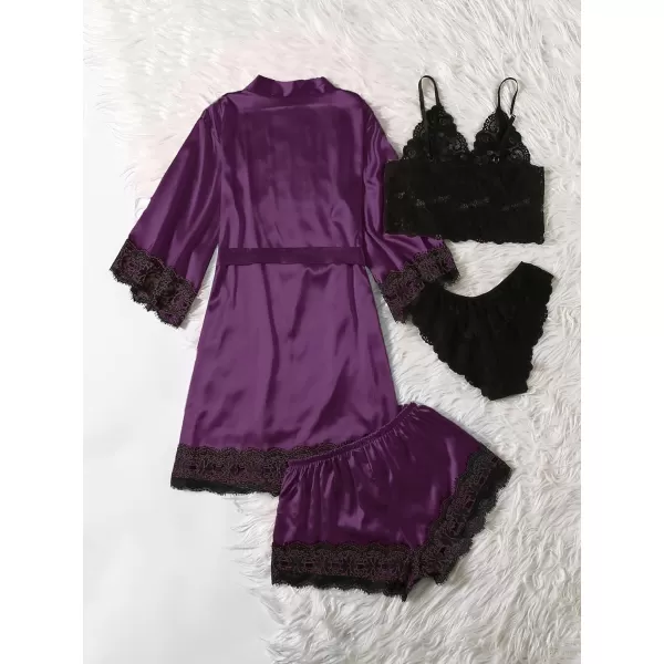 WDIRARA Women' Silk Satin Pajamas Set 4pcs Lingerie Floral Lace Cami Sleepwear with Robe