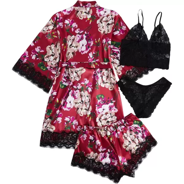 WDIRARA Women' Silk Satin Pajamas Set 4pcs Lingerie Floral Lace Cami Sleepwear with Robe